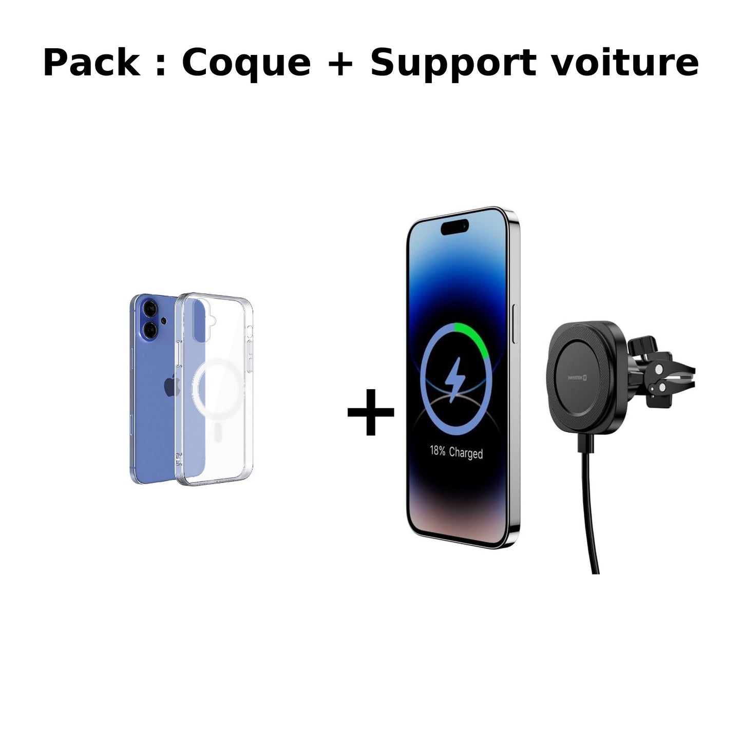 Pack Drive MagSafe – Coque transparente + Support voiture 15W